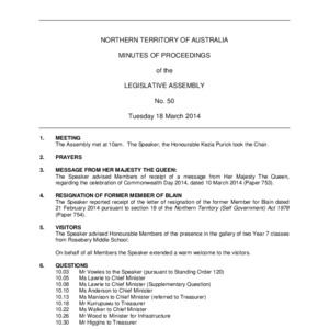 Territory Stories - Minutes of Proceedings Day 1 - Tuesday 18 March 2014