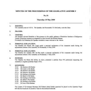 Territory Stories - Minutes of Proceedings Day 6 - Thursday 18 May 2000
