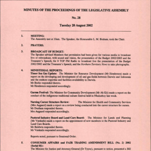 Territory Stories - Minutes of Proceedings Day 4 - Tuesday 20 August 2002