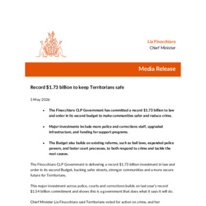 Territory Stories - Record $1.73 billion to keep Territorians safe
